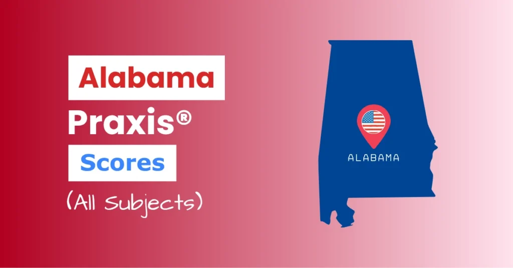 An image describing the purpose of the post which is to list the Alabama Praxis Passing Scores. It has a red gradient background with the map of Alabama to the right and a text to the left that reads "Alabama Praxis Scores"