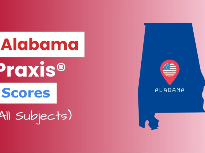 An image describing the purpose of the post which is to list the Alabama Praxis Passing Scores. It has a red-white gradient background with the map of Alabama to the right and a text to the left that reads "Alabama Praxis Scores"