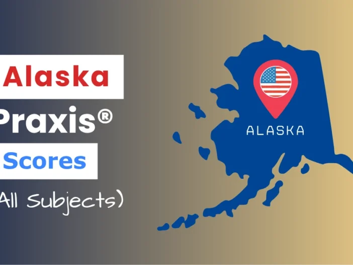 An image describing the purpose of the post which is to list the Alaska Praxis Passing Scores. It has a blue-yellow gradient background with the map of Alaska to the right and a text to the left that reads "Alaska Praxis Scores"