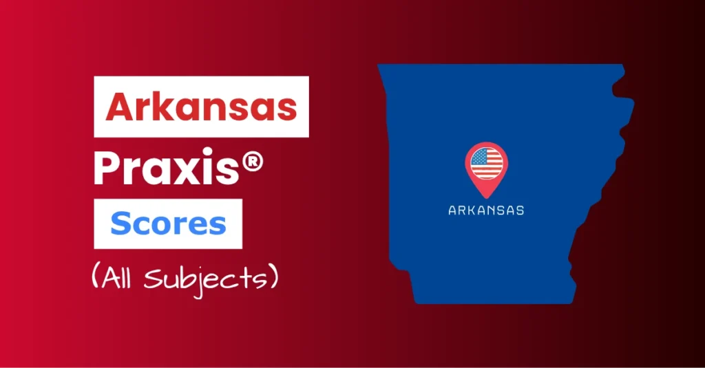 An image describing the purpose of the post which is to list the Arkansas Praxis Passing Scores. It has a red gradient background with the map of Arkansas to the right and a text to the left that reads "Arkansas Praxis Scores"