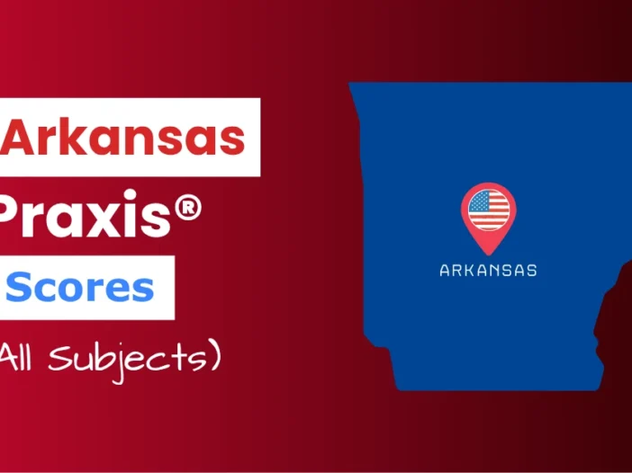 An image describing the purpose of the post which is to list the Arkansas Praxis Passing Scores. It has a red-black gradient background with the map of Arkansas to the right and a text to the left that reads "Arkansas Praxis Scores"