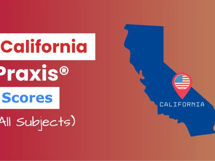An image describing the purpose of the post which is to list the California Praxis Passing Scores. It has a red-yellow gradient background with the map of California to the right and a text to the left that reads "California Praxis Scores"