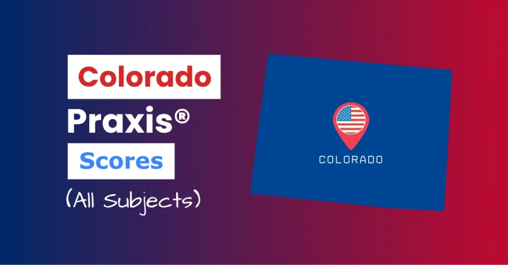 An image describing the purpose of the post which is to list the Colorado Praxis Passing Scores. It has a red gradient background with the map of Colorado to the right and a text to the left that reads "Colorado Praxis Scores"