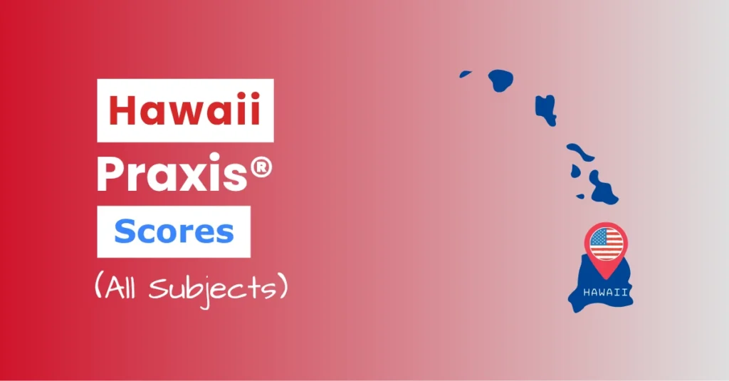 An image describing the purpose of the post which is to list the Hawaii Praxis Passing Scores. It has a red gradient background with the map of Hawaii to the right and a text to the left that reads "Hawaii Praxis Scores"