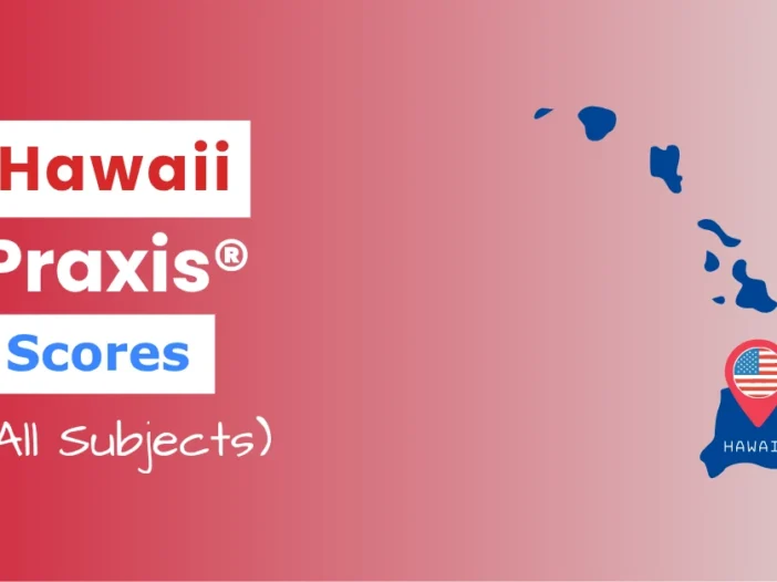 An image describing the purpose of the post which is to list the Hawaii Praxis Passing Scores. It has a red-white gradient background with the map of Hawaii to the right and a text to the left that reads "Hawaii Praxis Scores"