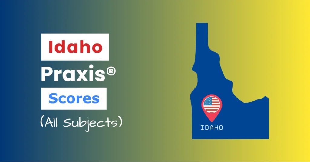 An image describing the purpose of the post which is to list the Idaho Praxis Passing Scores. It has a red gradient background with the map of Idaho to the right and a text to the left that reads "Idaho Praxis Scores"