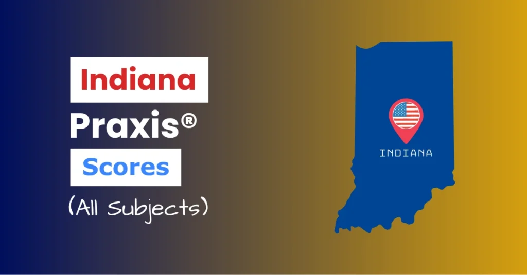 An image describing the purpose of the post which is to list the Indiana Praxis Passing Scores. It has a red gradient background with the map of Indiana to the right and a text to the left that reads "Indiana Praxis Scores"