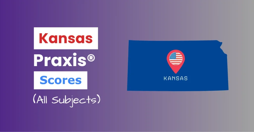 An image describing the purpose of the post which is to list the Kansas Praxis Passing Scores. It has a red gradient background with the map of Kansas to the right and a text to the left that reads "Kansas Praxis Scores"