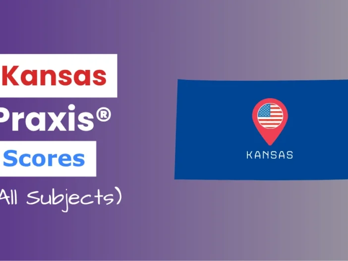 An image describing the purpose of the post which is to list the Kansas Praxis Passing Scores. It has a purple-white gradient background with the map of Kansas to the right and a text to the left that reads "Kansas Praxis Scores"