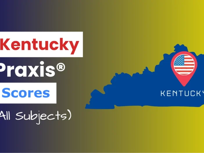 An image describing the purpose of the post which is to list the Kentucky Praxis Passing Scores. It has a blue-yellow gradient background with the map of Kentucky to the right and a text to the left that reads "Kentucky Praxis Scores"