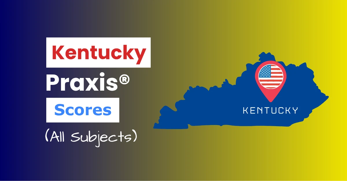 An image describing the purpose of the post which is to list the Kentucky Praxis Passing Scores. It has a blue-yellow gradient background with the map of Kentucky to the right and a text to the left that reads "Kentucky Praxis Scores"