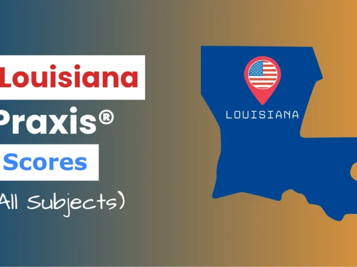 An image describing the purpose of the post which is to list the Louisiana Praxis Passing Scores. It has a blue-gold gradient background with the map of Louisiana to the right and a text to the left that reads "Louisiana Praxis Scores"