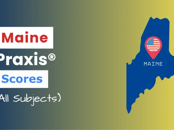 An image describing the purpose of the post which is to list the Maine Praxis Passing Scores. It has a blue-yellow gradient background with the map of Maine to the right and a text to the left that reads "Maine Praxis Scores"