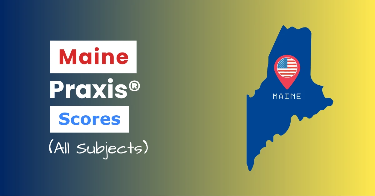 An image describing the purpose of the post which is to list the Maine Praxis Passing Scores. It has a blue-yellow gradient background with the map of Maine to the right and a text to the left that reads "Maine Praxis Scores"