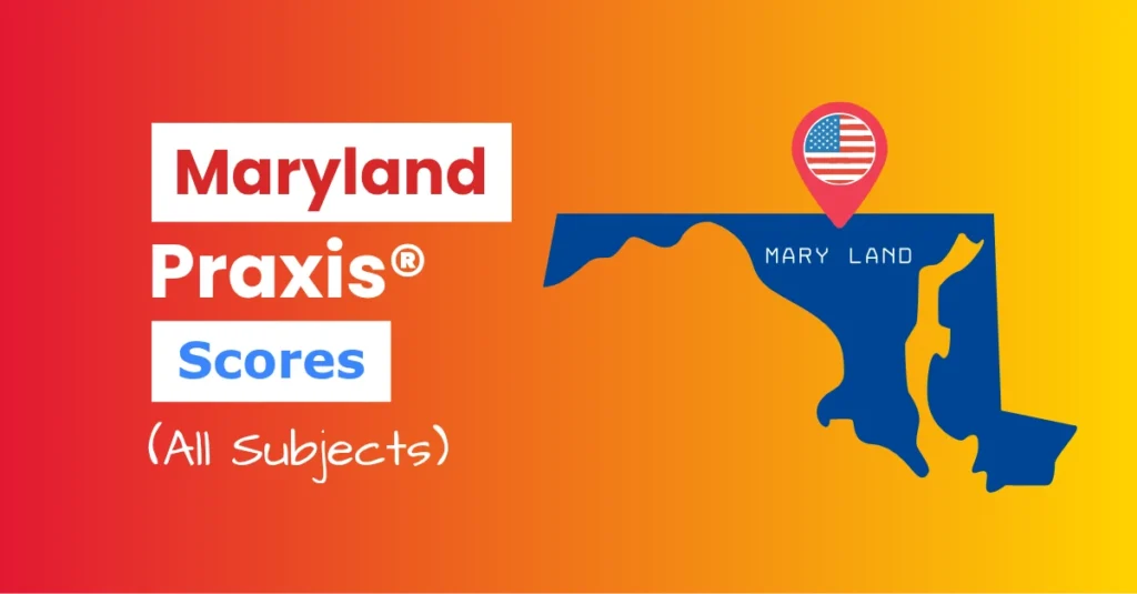 An image describing the purpose of the post which is to list the Maryland Praxis Passing Scores. It has a orange gradient background with the map of Maryland to the right and a text to the left that reads "Maryland Praxis Scores"