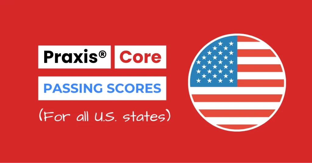 An image describing the purpose of the post which is to list the Praxis Core passing scores. It has a maple red background with the US map to the right and a text to the left that reads "Praxis Core Passing Scores"