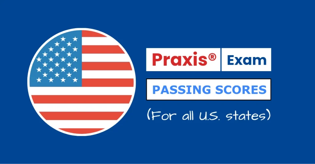 An image describing the purpose of the post which lists the Praxis passing scores by state. It has a royal blue background with the US flag on the left and a text to the right that reads "Praxis Exam Passing Praxis Scores"