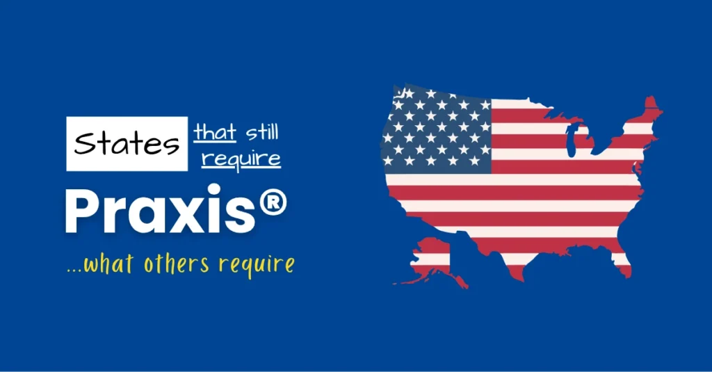 An image describing the purpose of the post which is to list the states that require Praxis. It has a blue background with the US map to the right and a text to the left that reads "States that still require Praxis"