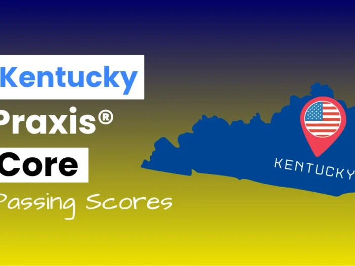 An image describing the purpose of the post which is to list the Kentucky Praxis Core Passing Scores. It has a blue-yellow gradient background with the map of Kentucky to the right.