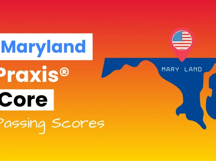 An image describing the purpose of the post which is to list the Maryland Praxis Core Passing Scores. It has a red-yellow gradient background with the map of Maryland to the right.