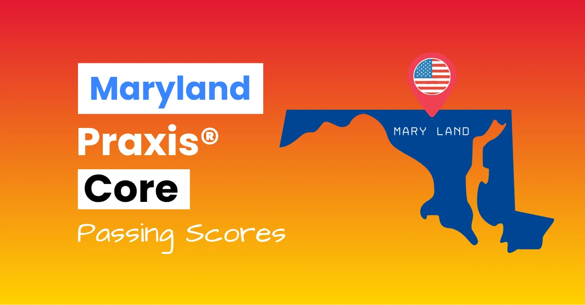 An image describing the purpose of the post which is to list the Maryland Praxis Core Passing Scores. It has a red-yellow gradient background with the map of Maryland to the right.