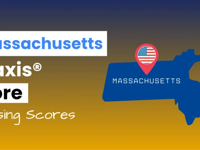 An image describing the purpose of the post which is to list the Massachusetts Praxis Core Passing Scores. It has a blue-yellow gradient background with the map of Massachusetts to the right.