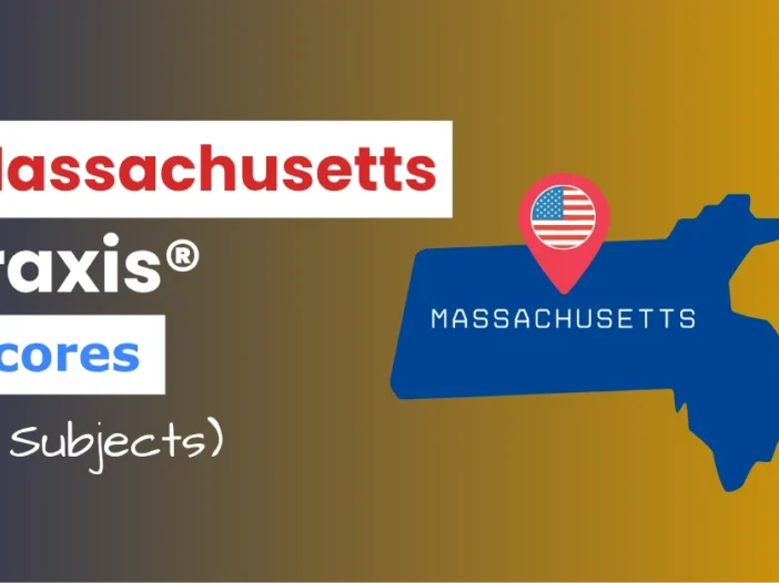 An image describing the purpose of the post which is to list the Massachusetts Praxis Passing Scores. It has a blue-yellow gradient background with the map of Massachusetts to the right and a text to the left that reads "Massachusetts Praxis Scores"