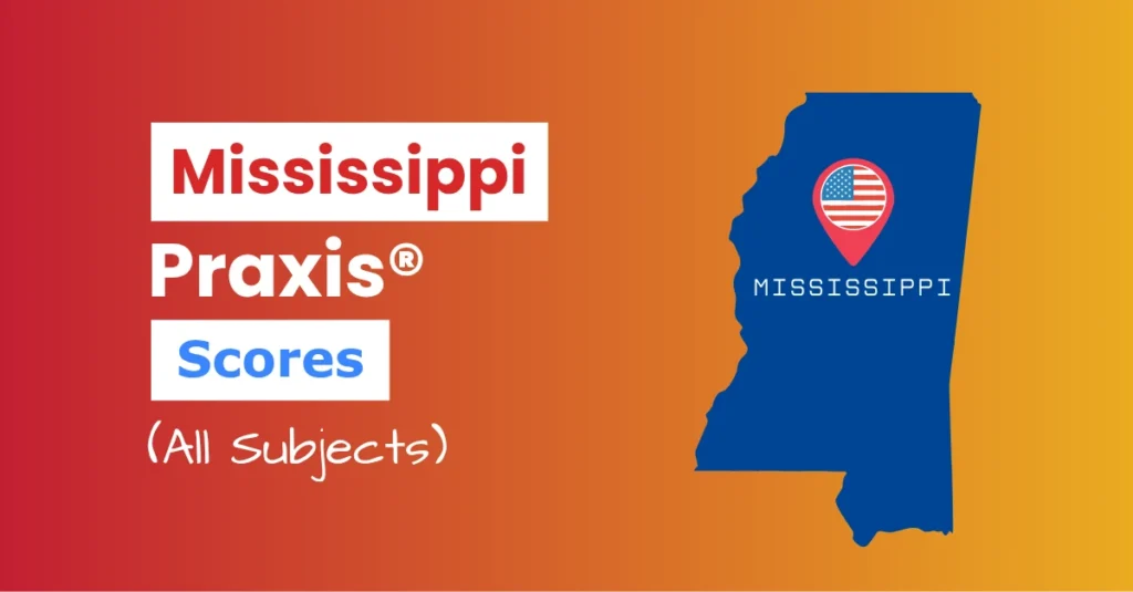 An image describing the purpose of the post which is to list the Mississippi Praxis Passing Scores. It has a red-orange gradient background with the map of Mississippi to the right and a text to the left that reads "Mississippi Praxis Scores"