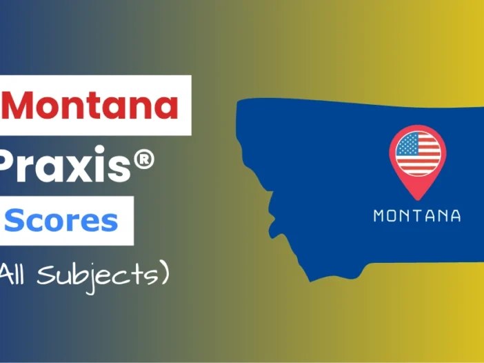 An image describing the purpose of the post which is to list the Montana Praxis Passing Scores. It has a blue-yellow gradient background with the map of Montana to the right and a text to the left that reads "Montana Praxis Scores"