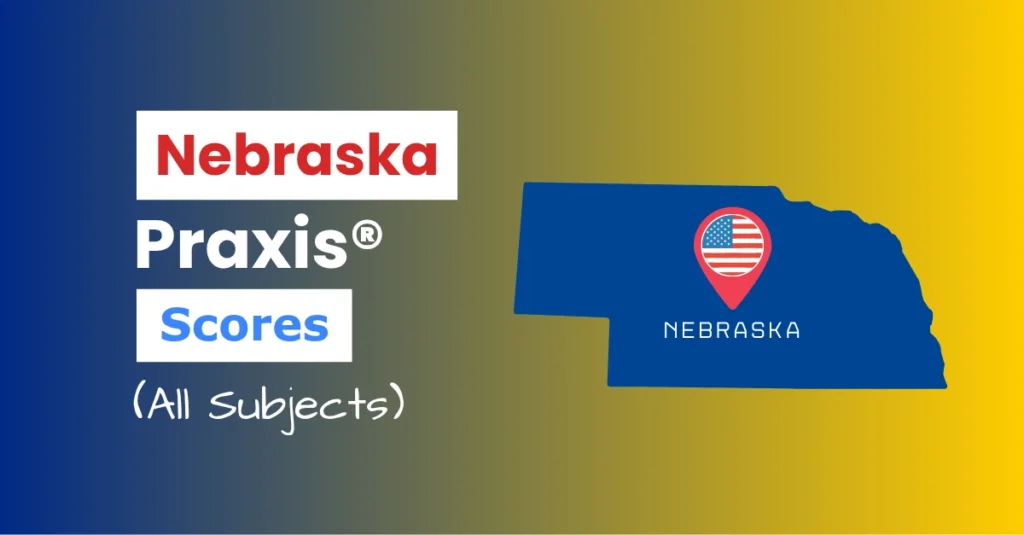 An image describing the purpose of the post which is to list the Nebraska Praxis Passing Scores. It has a blue-yellow gradient background with the map of Nebraska to the right and a text to the left that reads "Nebraska Praxis Scores"