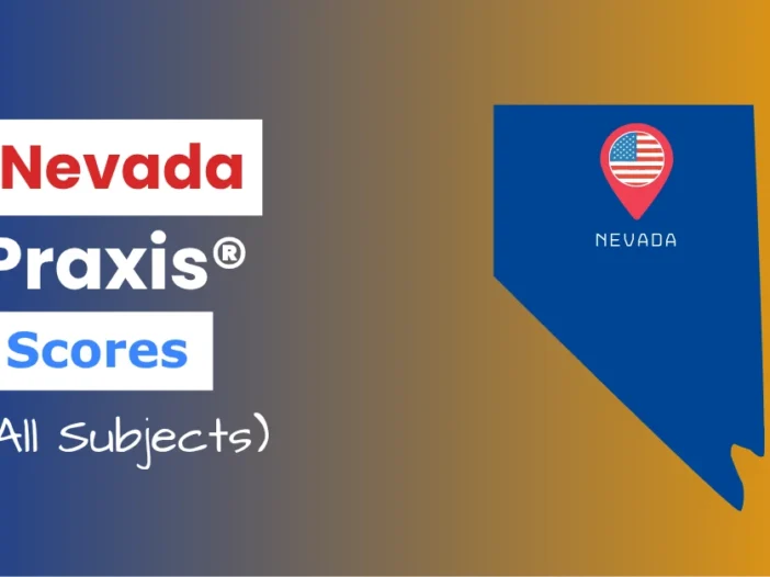 An image describing the purpose of the post which is to list the Nevada Praxis Passing Scores. It has a blue-gold gradient background with the map of Nevada to the right and a text to the left that reads "Nevada Praxis Scores"