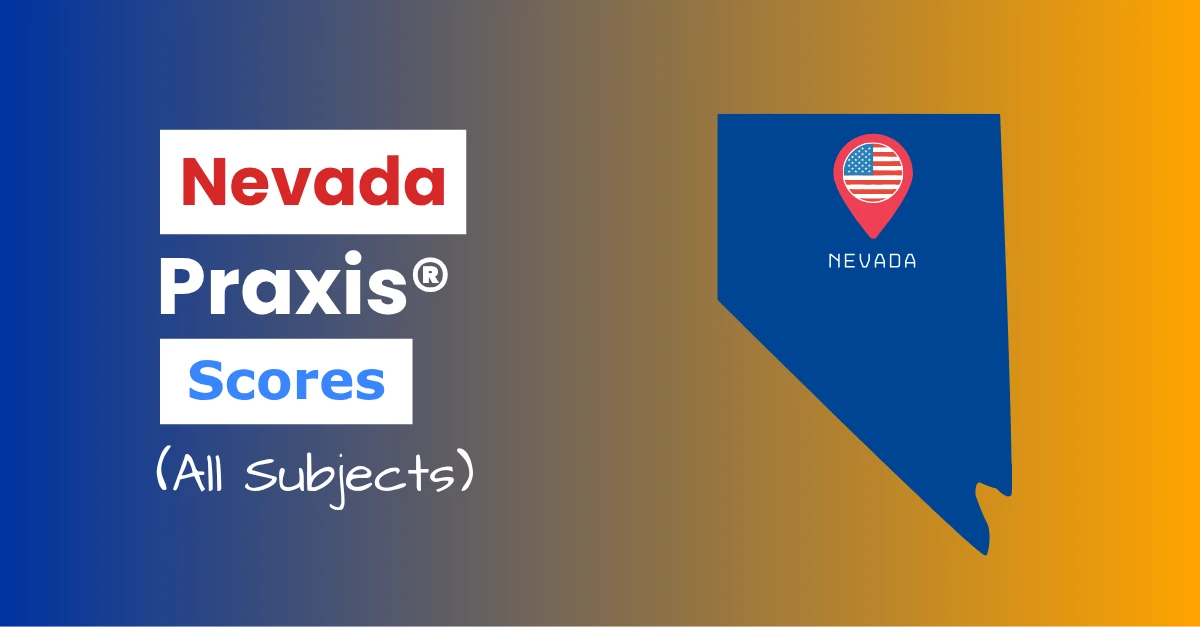 An image describing the purpose of the post which is to list the Nevada Praxis Passing Scores. It has a blue-gold gradient background with the map of Nevada to the right and a text to the left that reads "Nevada Praxis Scores"