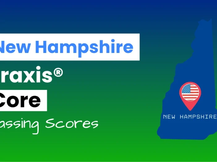 An image describing the purpose of the post which is to list the New Hampshire Praxis Core Passing Scores. It has a blue-green gradient background with the map of New Hampshire to the right.