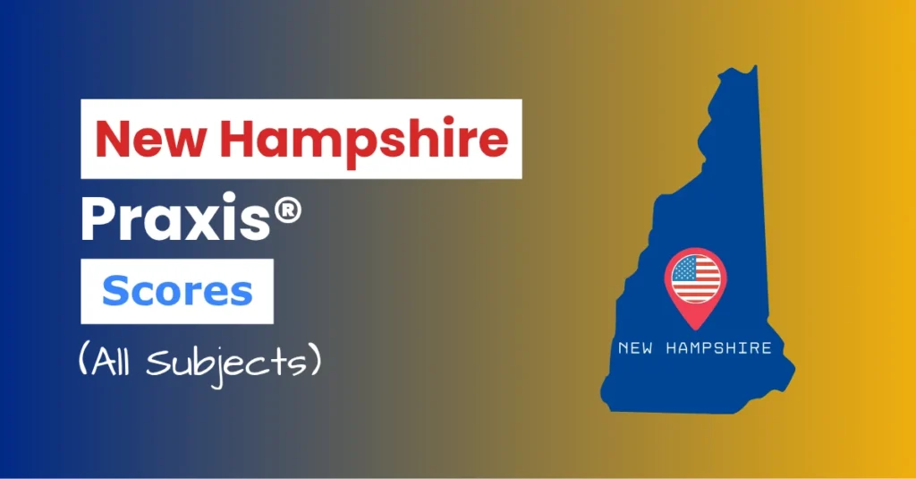 An image describing the purpose of the post which is to list the New Hampshire Praxis Passing Scores. It has a blue-gold gradient background with the map of New Hampshire to the right and a text to the left that reads "New Hampshire Praxis Scores"