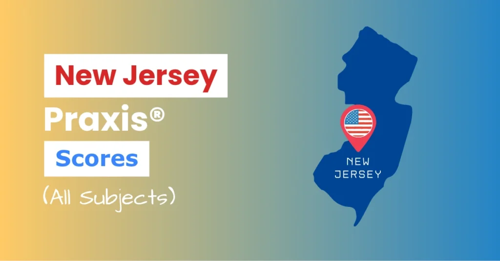 An image describing the purpose of the post which is to list the New Jersey Praxis Passing Scores. It has a yellow-blue gradient background with the map of New Jersey to the right and a text to the left that reads "New Jersey Praxis Scores"
