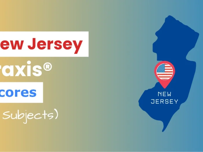 An image describing the purpose of the post which is to list the New Jersey Praxis Passing Scores. It has a yellow-blue gradient background with the map of New Jersey to the right and a text to the left that reads "New Jersey Praxis Scores"