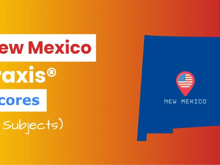 An image describing the purpose of the post which is to list the New Mexico Praxis Passing Scores. It has a yellow-red gradient background with the map of New Mexico to the right and a text to the left that reads "New Mexico Praxis Scores"
