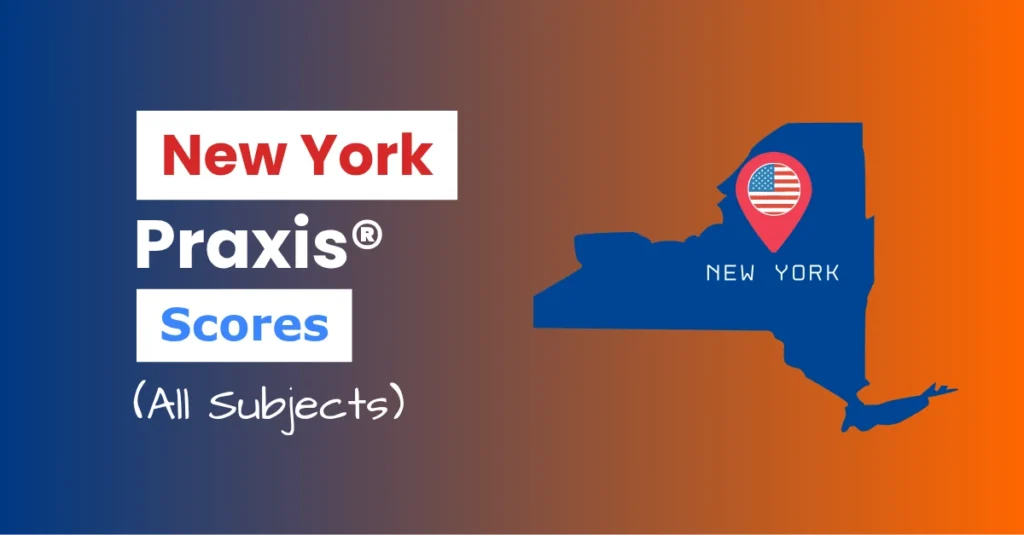 An image describing the purpose of the post which is to list the New York Praxis Passing Scores. It has a blue-gold gradient background with the map of New York to the right and a text to the left that reads "New York Praxis Scores"