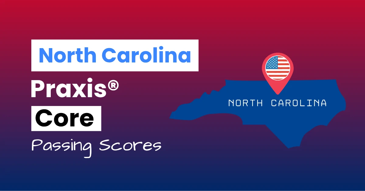 An image describing the purpose of the post which is to list the North Carolina Praxis Core Passing Scores. It has a red-blue gradient background with the map of North Carolina to the right.