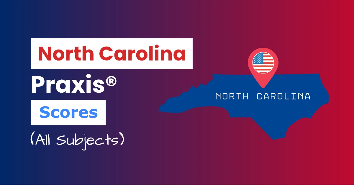 An image describing the purpose of the post which is to list the North Carolina Praxis Passing Scores. It has a blue-red gradient background with the map of North Carolina to the right and a text to the left that reads "North Carolina Praxis Scores"