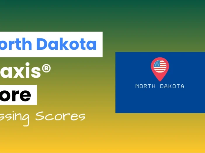 An image describing the purpose of the post which is to list the North Dakota Praxis Core Passing Scores. It has a green-yellow gradient background with the map of North Dakota to the right.
