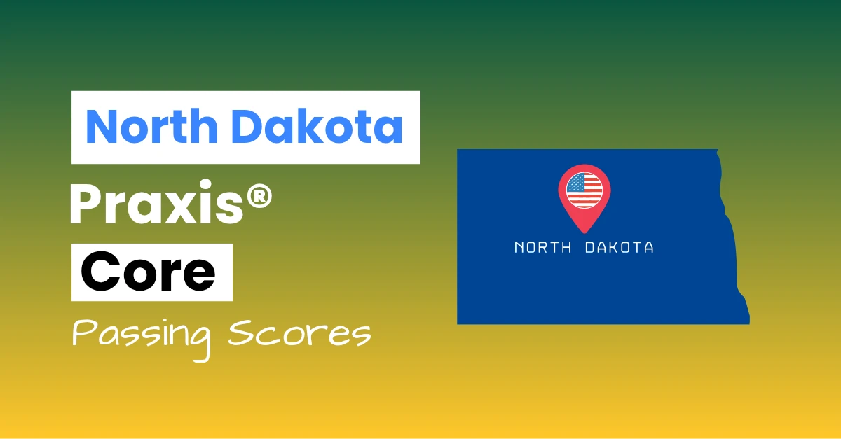 An image describing the purpose of the post which is to list the North Dakota Praxis Core Passing Scores. It has a green-yellow gradient background with the map of North Dakota to the right.