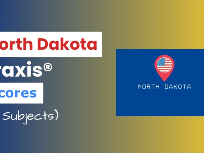 An image describing the purpose of the post which is to list the North Dakota Praxis Passing Scores. It has a blue-yellow gradient background with the map of North Dakota to the right and a text to the left that reads "North Dakota Praxis Scores"