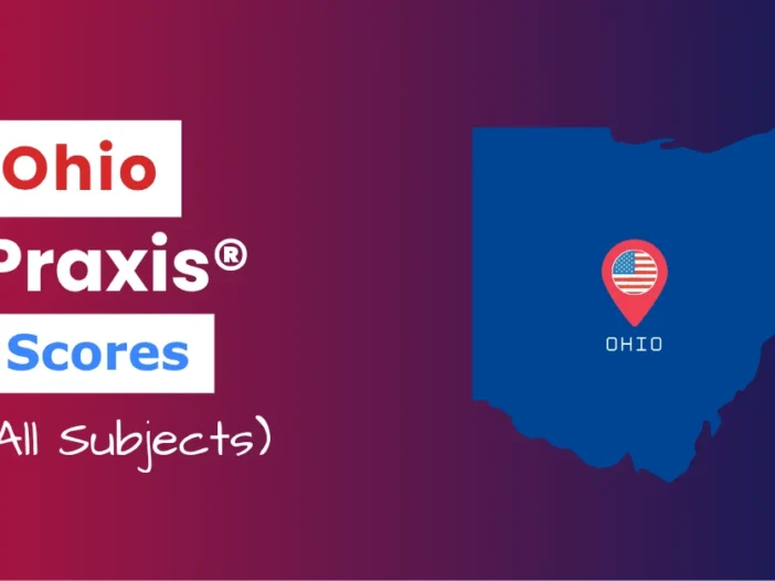 An image describing the purpose of the post which is to list the Ohio Praxis Passing Scores. It has a red-blue gradient background with the map of Ohio to the right and a text to the left that reads "Ohio Praxis Scores"