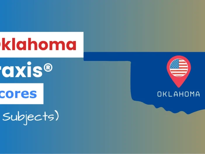 An image describing the purpose of the post which is to list the Oklahoma Praxis Passing Scores. It has a blue-yellow gradient background with the map of Oklahoma to the right and a text to the left that reads "Oklahoma Praxis Scores"