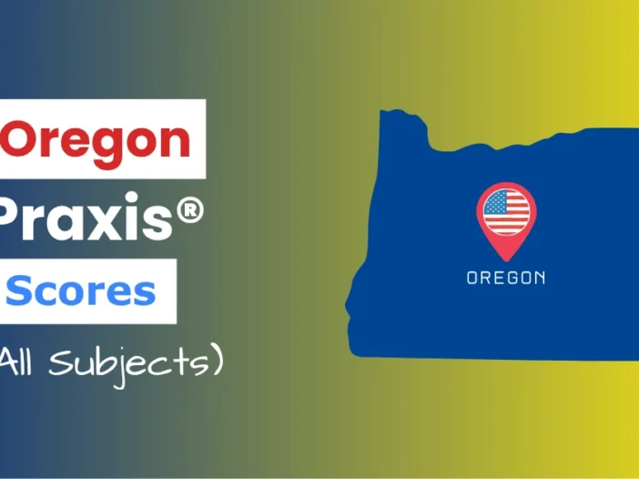 An image describing the purpose of the post which is to list the Oregon Praxis Passing Scores. It has a blue-yellow gradient background with the map of Oregon to the right and a text to the left that reads "Oregon Praxis Scores"