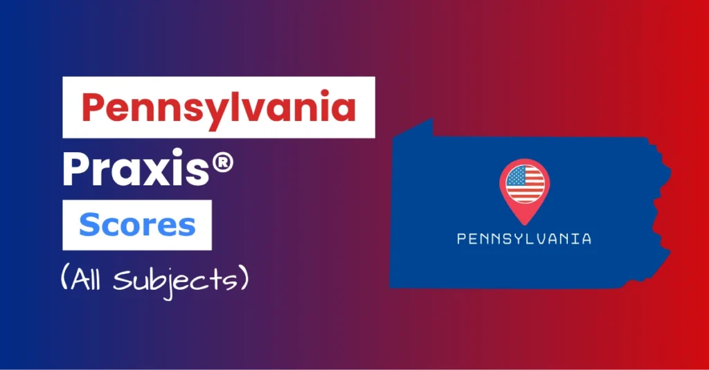 An image describing the purpose of the post which is to list the Pennsylvania Praxis Passing Scores. It has a blue-red gradient background with the map of Pennsylvania to the right and a text to the left that reads "Pennsylvania Praxis Scores"