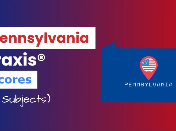 An image describing the purpose of the post which is to list the Pennsylvania Praxis Passing Scores. It has a blue-red gradient background with the map of Pennsylvania to the right and a text to the left that reads "Pennsylvania Praxis Scores"