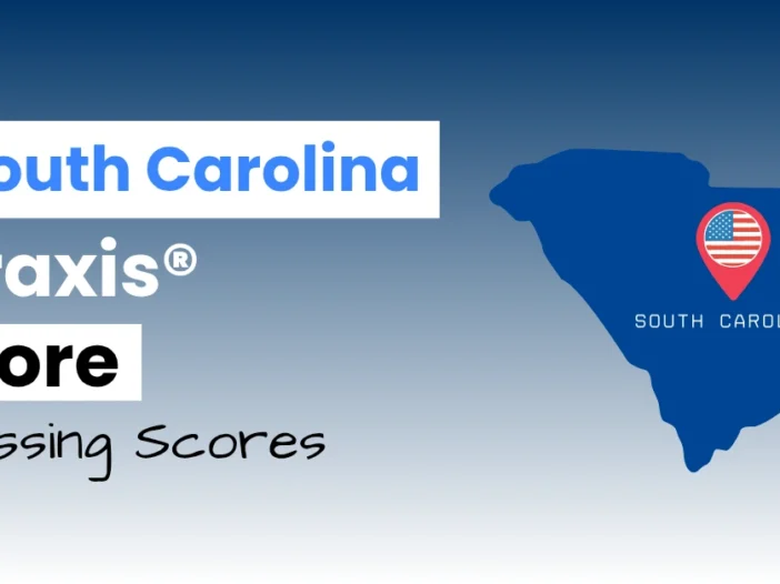 An image describing the purpose of the post which is to list the South Carolina Praxis Core Passing Scores. It has a blue-white gradient background with the map of South Carolina to the right.