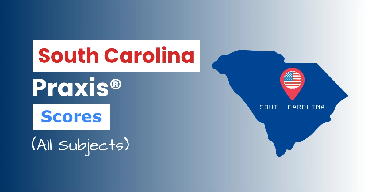 An image describing the purpose of the post which is to list the South Carolina Praxis Passing Scores. It has a blue-white gradient background with the map of South Carolina to the right and a text to the left that reads "South Carolina Praxis Scores"